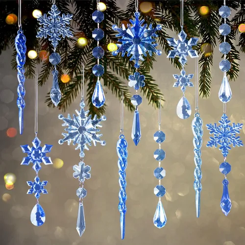 Miniatura 10 de GuassLee 36 piezas Adornos de Cristal para Árbol de Navidad - Copos de Nieve Acrílicos Azules Carámbanos Gota Cristal Adornos Colgantes para Árbol