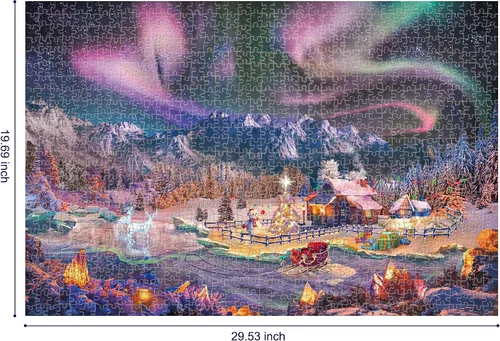 Miniatura 2 de Lavievert Rompecabezas de 1000 piezas para adultos – Noche nevada, aurora, árbol de Navidad, muñeco de nieve, trineo, escultura de hielo y ciervo