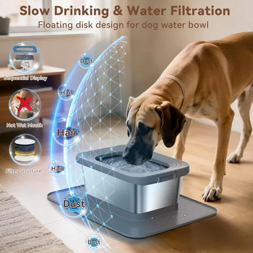 Miniatura 3 de Tazón de agua para perros de 10L sin derrames, 2.6 galones de acero inoxidable sin salpicaduras, tazón grande para perros con alfombrilla Gris