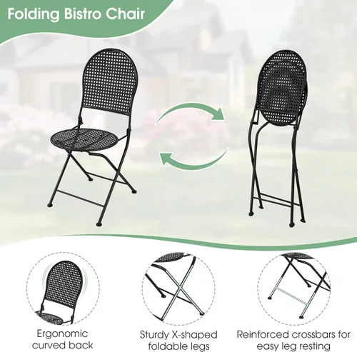 Miniatura 4 de Giantex Juego de mesa de comedor de 3 piezas, juego de mesa de comedor al aire libre para 2, 1 mesa redonda con 2 sillas plegables, resistente al