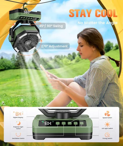 Miniatura 7 de Ventilador de campamento con pilas, recargable con luz de estrellas, 20000 mAh, funciona con pilas, ventiladores de escritorio de 5 velocidades