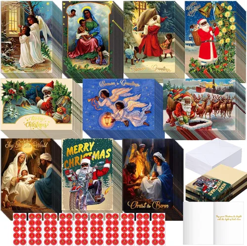 Zhanmai 100 juegos de tarjetas de Navidad negras afroamericanas, tarjetas religiosas negras con sobres para suministros de Navidad (Vintage)