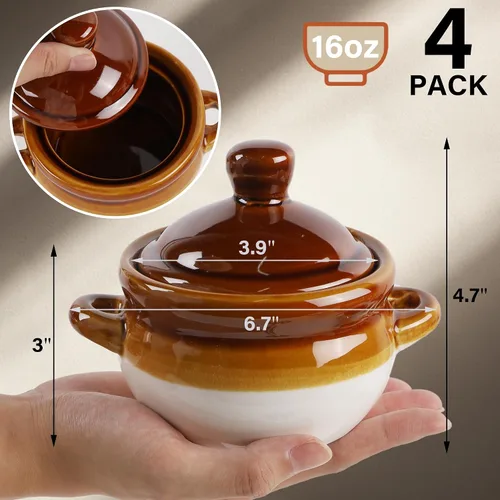 Miniatura 3 de Adroiteet Juego de 4 cuencos de sopa de cebolla francesa, crocks de sopa de 16 onzas con asas y tapas, cuencos de cerámica aptos para horno, cuenco