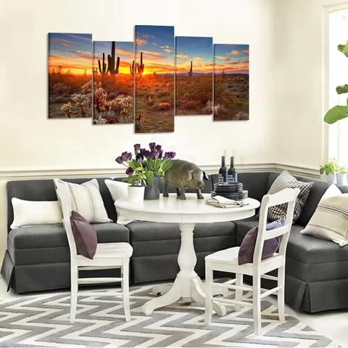 Miniatura 3 de KREATIVE ARTS - Pinturas de paisajes naturales, arte de pared, puesta de sol con saguaros en el desierto de Sonora, 5 piezas impresas en lienzo