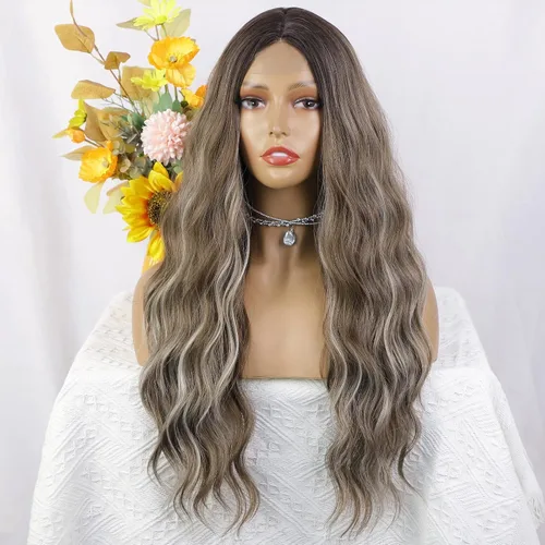 Miniatura 2 de AISI QUEENS Pelucas largas para mujer, onduladas, ombré, raya en medio, color marrón ceniza y rubio decolorado, pelucas rizadas de aspecto natural