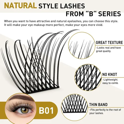 Miniatura 2 de Extensiones de Pestañas en Racimo B01 DIY 72 Racimos de Pestañas Rizo C D B&Qaugen Mega Volumen Pestañas Individuales Extensiones de Pestañas