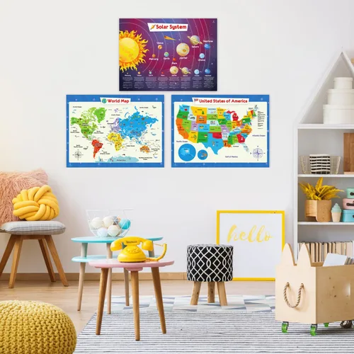 Miniatura 9 de Juego de 26 carteles educativos para niños, tabla de multiplicación, tabla periódica, Estados Unidos, mapa del mundo, palabras a la vista, familias