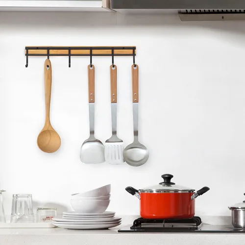 Miniatura 4 de Colgador de utensilios de cocina, organizador de estante con 6 ganchos, juego de 2 colgadores de pared para utensilios, gancho de pared resistente