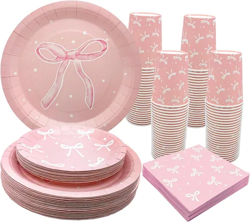 100 piezas de suministros para fiesta de cumpleaños con lazo rosa, juego de vajilla de lazo rosa de 9 y 7 pulgadas, platos de lazo rosa, tazas con