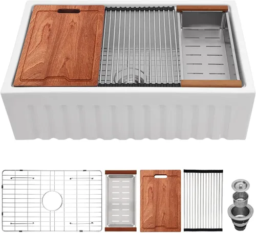 Lordear Fregadero de Granja Blanco de 30 Pulgadas Bajo Encimera Frente de Delantal 30x20 Fregadero de Cocina de Porcelana de Cerámica Blanca