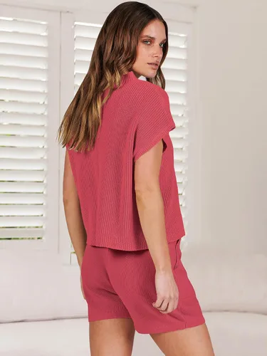 Miniatura 4 de ANRABESS Conjunto de dos piezas para mujer, suéter corto, suéter y pantalones cortos, conjunto de ropa de descanso