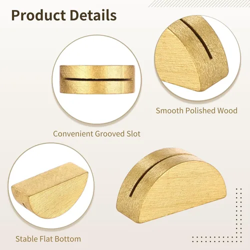 Miniatura 6 de Paquete de 50 soportes para números de mesa, pequeños tarjeteros de madera, elegante diseño medio redondo para tarjetas de identificación, Oro