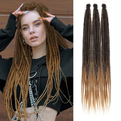 Miniatura 9 de Extensiones de rastas trenzadas bohemias de 24 pulgadas, 10 hebras de rastas sintéticas rizadas color marrón degradado con trenza de caja, rastas