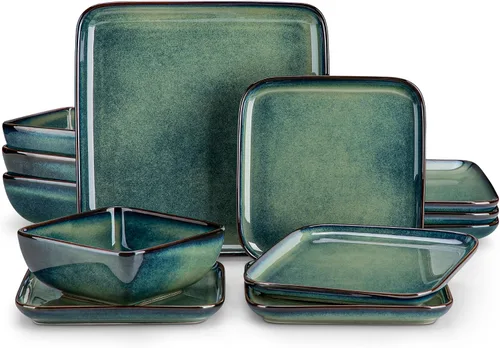 Miniatura 13 de vancasso Stern Gray - Juego de vajilla de 16 piezas de cerámica de cocina con esmalte reactivo cuadrado, juego de vajilla de piedra con plato de Gris