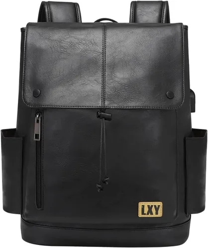 LXY Mochila de cuero para laptop para mujer, mochila de viaje vintage para computadora con puerto de carga USB, bolso para computadora portátil para