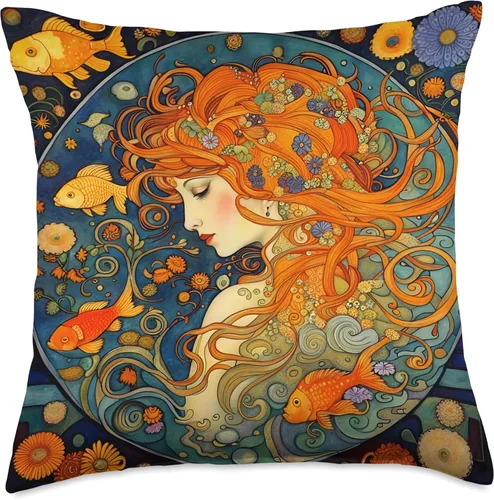 Miniatura 5 de Red haired Art Nouveau Woman Of The Waters Hermosa almohada estilo Art Nouveau de la mujer pelirroja de las aguas, 16 x 16 pulgadas, multicolor