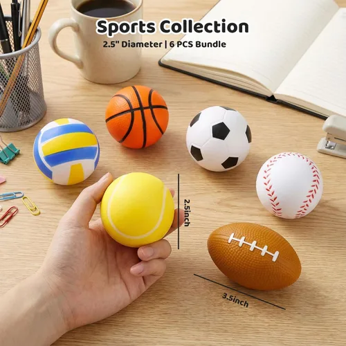Miniatura 2 de MCPINKY 6 bolas de espuma para el estrés, 2.5 pulgadas, mini pelotas deportivas para apretar, baloncesto, fútbol, fútbol, tenis, voleibol, juguetes