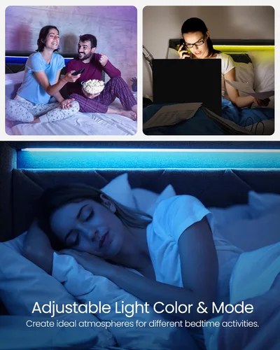 Miniatura 4 de VASAGLE Base de cama LED tamaño Queen, cama Queen con cabecera y 4 cajones, 1 puerto USB y 1 puerto tipo C, cabecera tapizada ajustable de 36.7/39.3