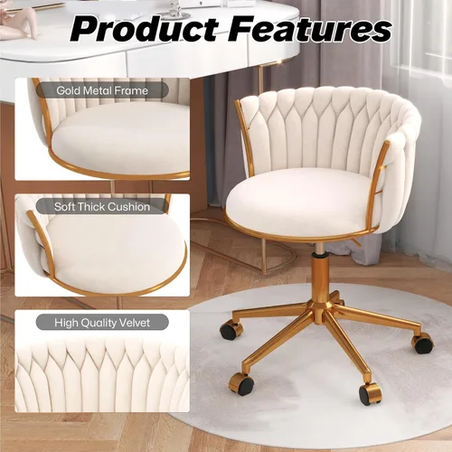 Miniatura 4 de HENGJIANYI - Silla de oficina tejida de terciopelo para el hogar, silla de escritorio giratoria moderna con ruedas, silla de tocador de altura Beige