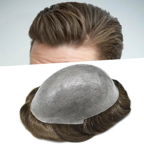 Miniatura 40 de Tupé de piel ultra fina para hombres pieza de cabello humano real sistema de reemplazo 0.002 in Mens Toupee Hairpiece para hombres V-Loop 8x10 80%