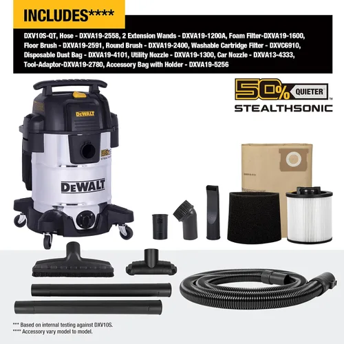 Miniatura 2 de DEWALT STEALTHSONIC - Aspiradora de tienda húmeda y seca de 10 galones, ultra silenciosa, resistente con accesorios, potente aspiradora al aire