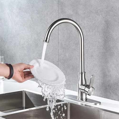 Miniatura 4 de Grifo de cocina de una sola manija de acero inoxidable de níquel cepillado, moderno grifo de fregadero de cocina de arco alto, grifo de fregadero