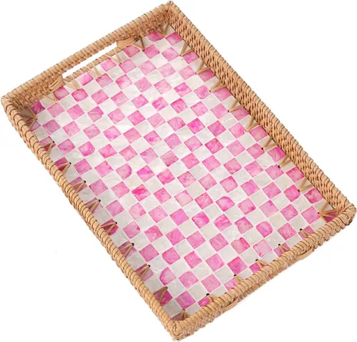Miniatura 22 de Bandeja rectangular de ratán con incrustaciones de madreperla, bandeja de ratán con asa para café, pan, frutas, aperitivos, bandeja decorativa