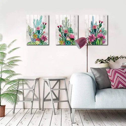 Miniatura 3 de 3 piezas enmarcadas de arte para pared, acuarela, plantas tropicales, cactus del desierto, impresión en lienzo para dormitorio, baño, flores