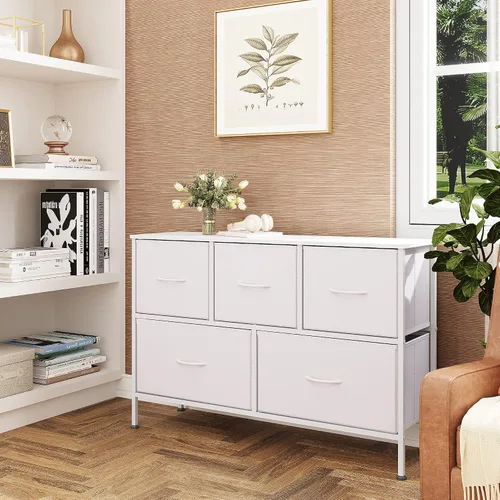 Miniatura 4 de WLIVE Cómoda blanca para dormitorio con 5 cajones, cómoda de tela con organizadores de cajones, unidad organizadora de almacenamiento para pasillo