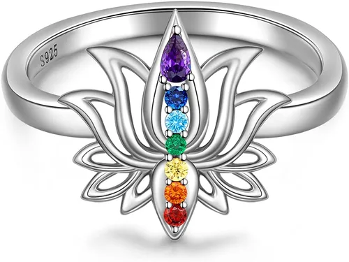 Anillo de chakras de loto para mujer, yoga, chakras, cristal de plata de ley, flor de loto, equilibrio energético, chakras, joyería de meditación,