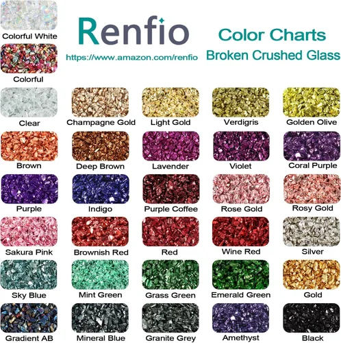 Miniatura 3 de Renfio Juego de purpurina de vidrio triturado roto de 32 colores, 22.57 onzas, fragmentos de purpurina de 2 a 0.157 in, chips de vidrio metálico
