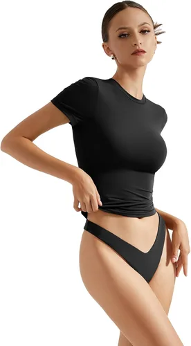Miniatura 2 de SUUKSESS Camiseta básica ajustada de doble forro para mujer, cuello redondo, manga corta, Y2K