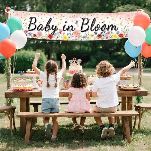 Miniatura 5 de Baby in Bloom - Cartel de baby shower, diseño floral de acuarela rosa coral, decoraciones de primavera para baby shower, grande de 70.8 x 13