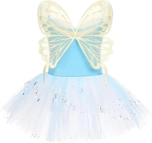 IBAKOM Leotardos de ballet para niña, trajes de bailarina, vestido de baile de ballet con volantes de mariposa, falda de baile de lentejuelas