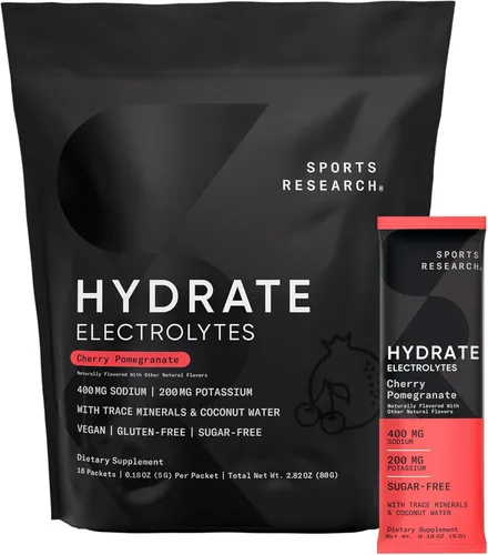 Sports Research Hydrate Paquetes de Polvo de Electrolitos - Sin Azúcar y con Sabor Natural con Vitaminas, Minerales y Agua de Coco - Apoya la