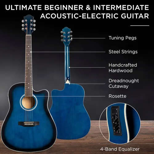 Miniatura 4 de Best Choice Products Juego de iniciación de guitarra acústica eléctrica para principiantes, de 41 pulgadas, con diseño de corte total en madera, Azul