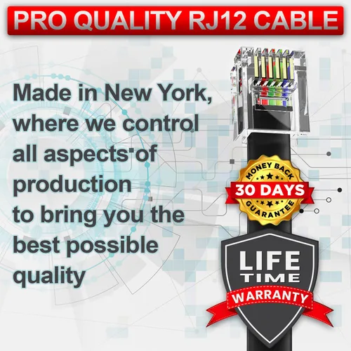 Miniatura 3 de AmzDeals - Paquete de 2 cables rectos RJ12 6P6C de 4 pies, color negro, cable de línea de datos y voz de grado profesional, fabricado en Estados