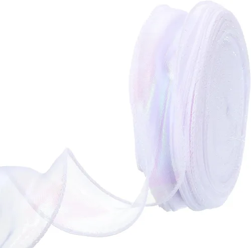 Miniatura 9 de MECCANIXITY - Cinta de organza con cable de 1 1/2" de ancho, brillante, transparente, con brillo irisado en tonos pastel, cinta de gasa para Beige