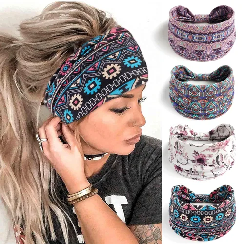 FULZTEY Diademas bohemias para mujer, elegantes diademas con estampado floral, turbante de nudo ancho, elástico, para yoga, correr, entrenamiento,