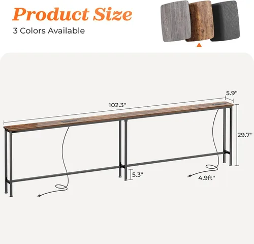 Miniatura 3 de SUPERJARE - Mesa de sofá de 102 pulgadas con 2 tomas de corriente y puertos USB-C, mesa consola estrecha de 5.9 pulgadas con almacenamiento, Marrón
