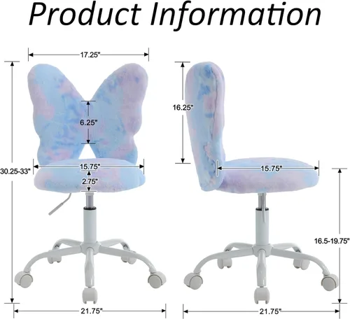 Miniatura 3 de Butterfly - Escritorio y silla para niños, ajustable, giratorio, peludo, azul, para el hogar, dormitorio, escuela, dormitorio