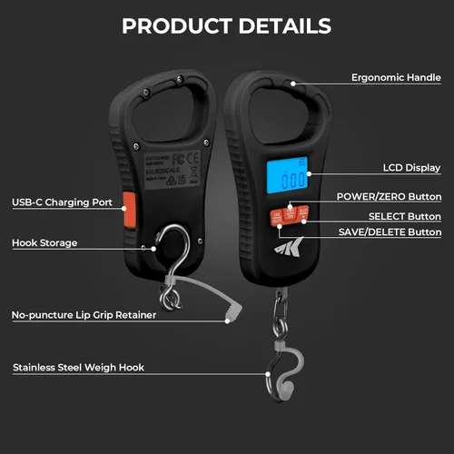 Miniatura 6 de KastKing ToughTide - Báscula de pesca con carga USB, capacidad de 65 libras, báscula digital ultrafina, pantalla LCD, mango ergonómico, básculas