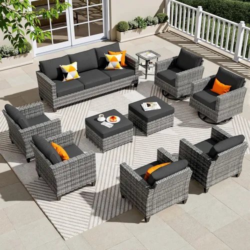 Miniatura 21 de ovios Juego de muebles de patio de 8 piezas, sofá de mimbre para exteriores con sillas giratorias, mecedora con cojines cómodos, juego de Beige