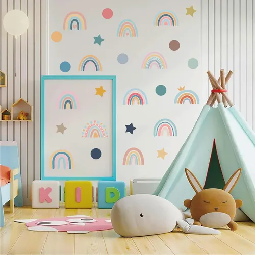 Calcomanías de pared de arco iris para habitación de niños, 76 piezas extraíbles de despegar y pegar, calcomanías de pared boho de estrellas y