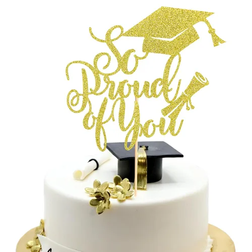 Arthsdite 1 Pieza Decoración para Pastel de Graduación con Purpurina Dorada "So Proud of You" - 2025 Graduado Felicitaciones Senior Decoración para