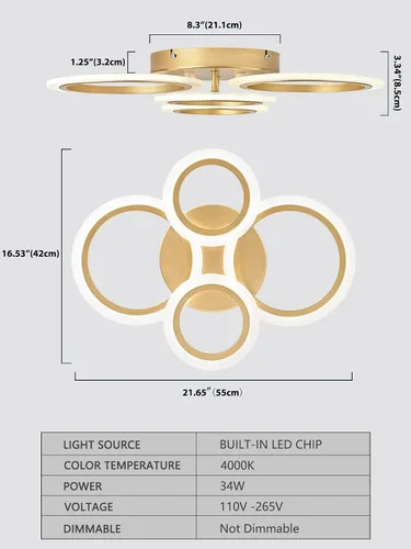 Miniatura 3 de Lámpara LED moderna de montaje empotrado, 4 anillos dorados cerca del techo, lámpara de iluminación de cocina para dormitorio, sala de estar