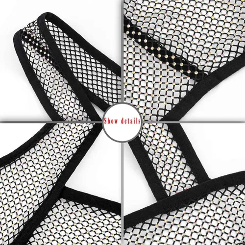 Miniatura 3 de Navoky Top corto de bikini con diamantes de imitación estilo bohemio negro sexy lentejuelas de malla brillante para fiestas, brasier de verano sin