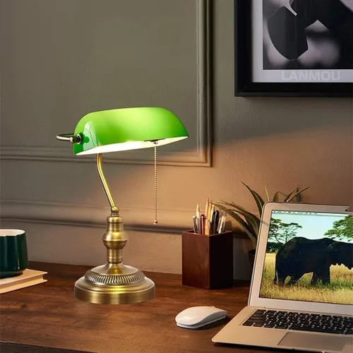 Lámpara de mesa con pantalla de vidrio verde vintage, moderna, de metal dorado, con interruptor de extracción y escritorio para banqueros
