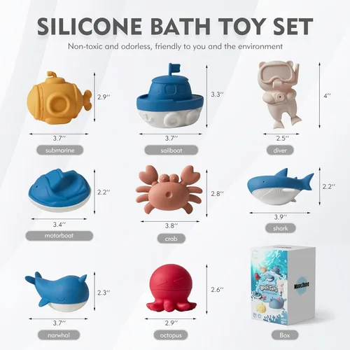 Miniatura 4 de MarcZero Juguetes de baño de silicona oceánica, 8 piezas para niños pequeños, juguetes de agua para la bañera, juguetes de piscina suaves