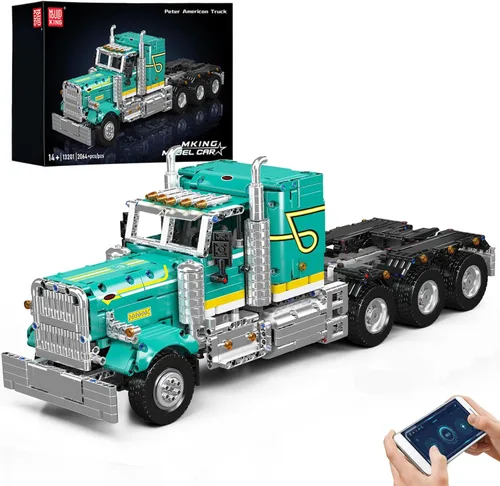 Mould King 13201 - Juego de construcción de camión semirremolque, juguete de camión de plataforma plana con 3 motores, modelo de automóvil